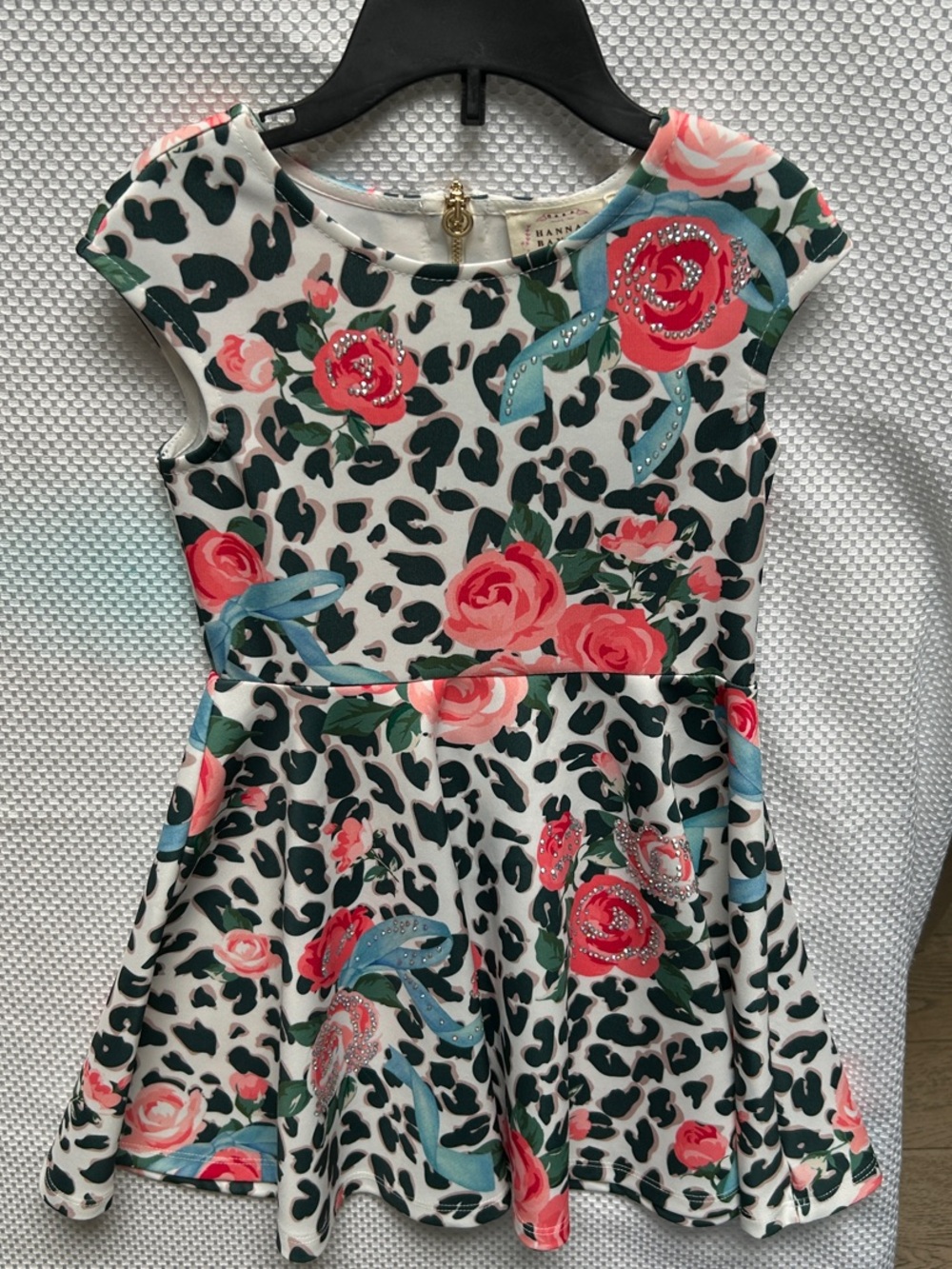Hannah Banana White/ Black w Pink Rose & Teal, Rhinestone Skater Dress. NWT!